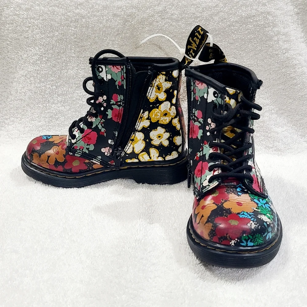 Dr. Martens Kids Floral Combat Boots in Black with Multicolor Flowers